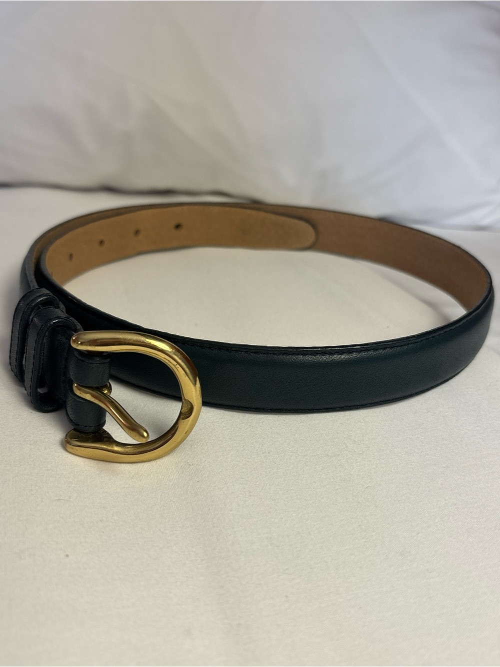 Vintage Lands' End Dark Green Leather Belt with Brass Buckle 1992